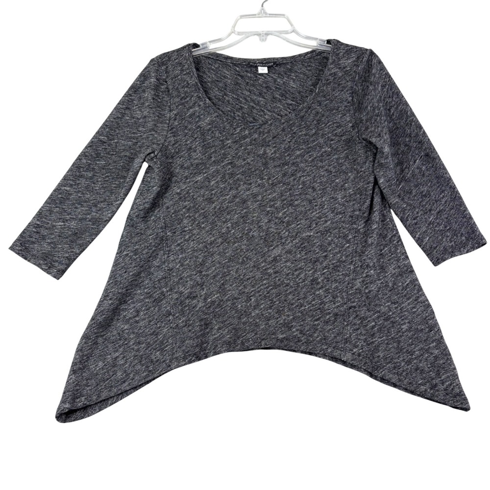 Eileen Fisher S Gray Cotton Marl 3/4 Sleeve Sharkbite Knit Top Sweater Casual